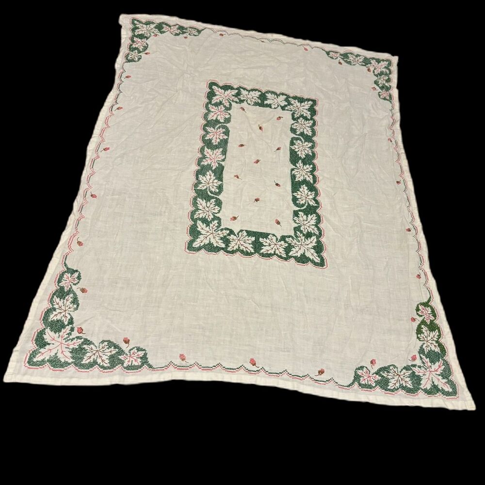 Vintage Embroidered Green and Pink Maple Leaf Botanical Table Cloth